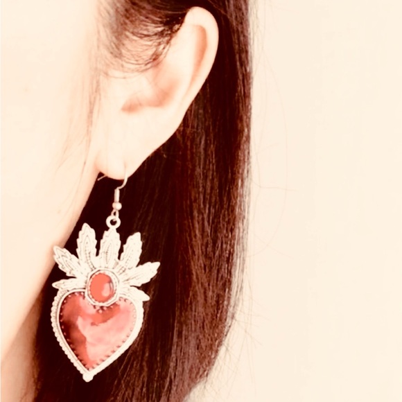 “Blooming Sacred Heart” Ruby Red Fiery Jesus Immaculate Mary Catholic Earrings - Picture 2 of 16